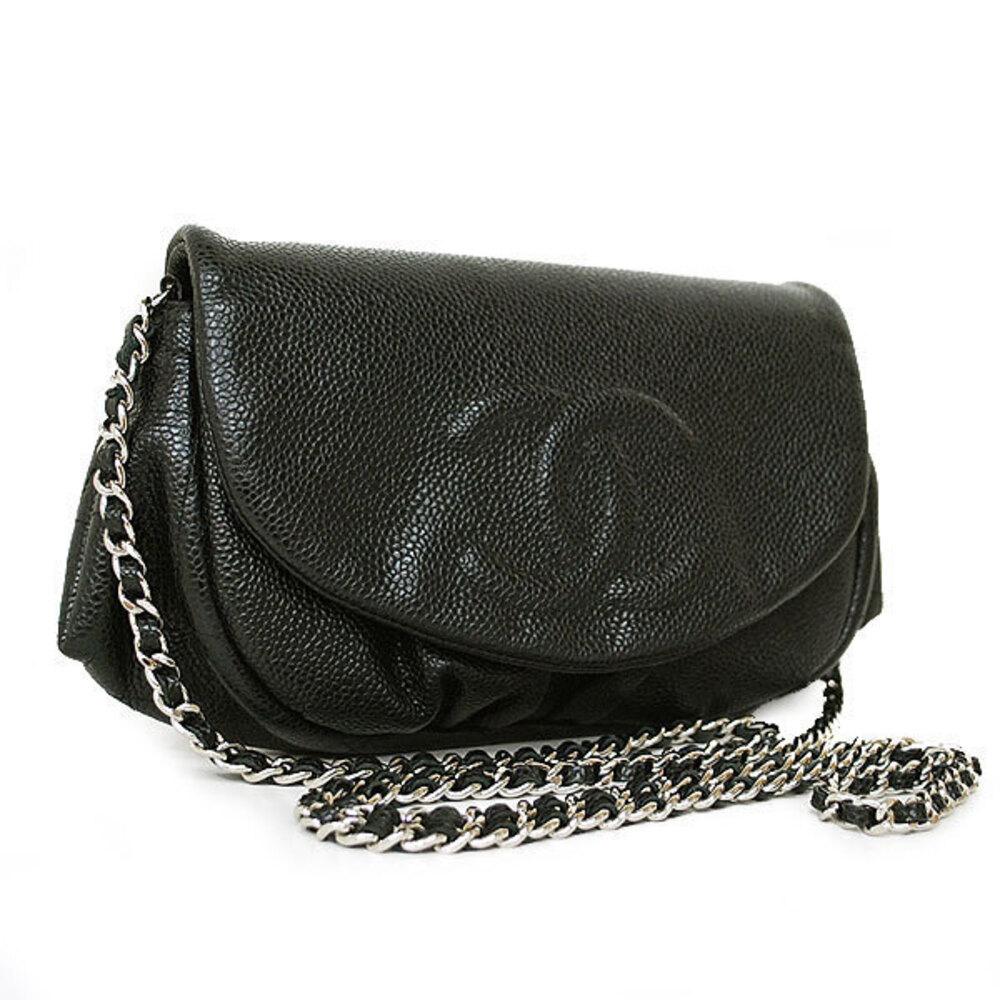 CHANEL Half Moon Chain Wallet Shoulder Bag Caviar Skin Black
